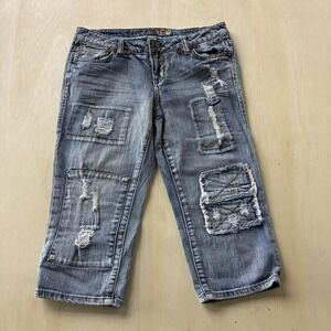 Mudd Jeans Cropped Jeans Womens 9 Light Wash Blue Distressed Relaxed Denim Capri